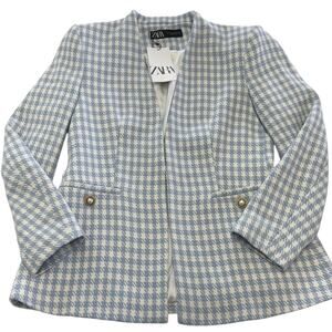 ZARA Blazer Womens XL Blue White Houndstooth Open Front Tweed Lined Preppy